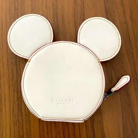 COACH X MICKEY MOUSE DISNEY EARS LEATHER ZIP COIN PURSE F59071 $95 CHALK WH